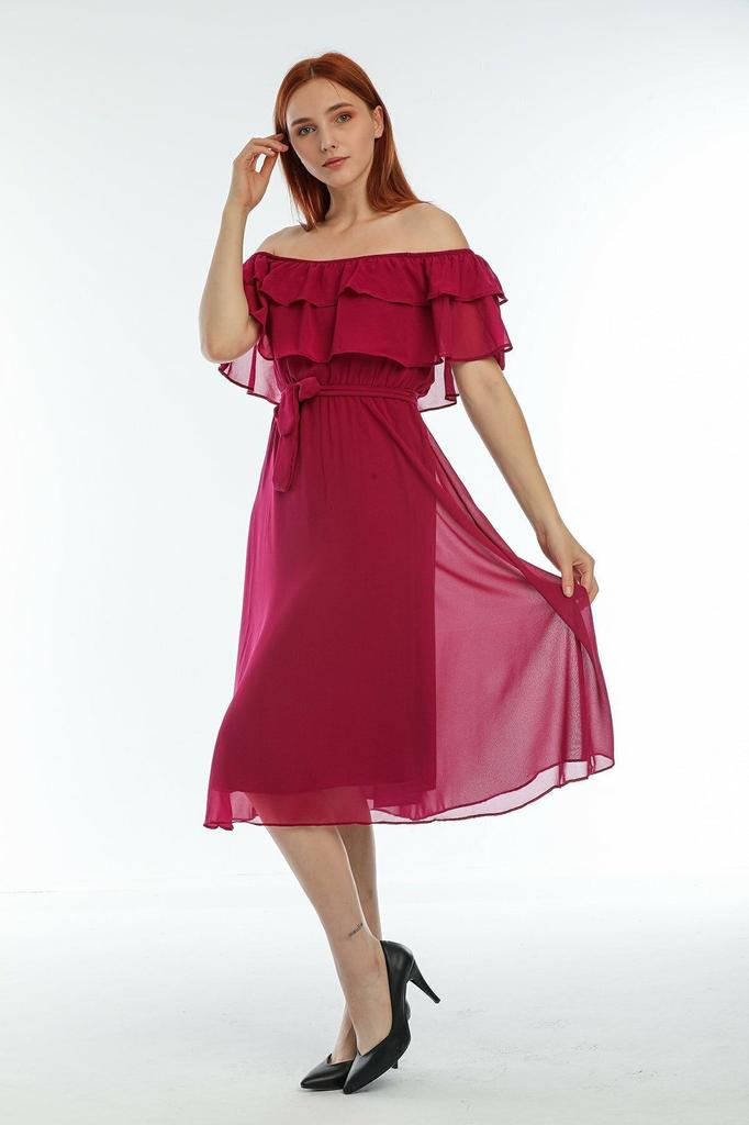 Dámské šaty velkých velikostí Švestkové šaty s Carmen výstřihem Madonna Plus Size Šifonové šaty