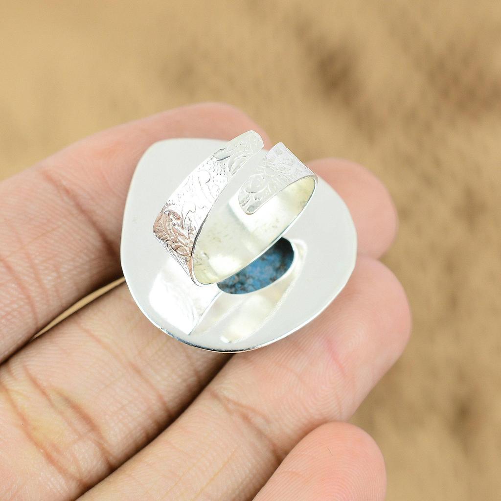 Natural Tibetan Turquoise Promise Cresent Moon Adjustable Ring 925 Silver