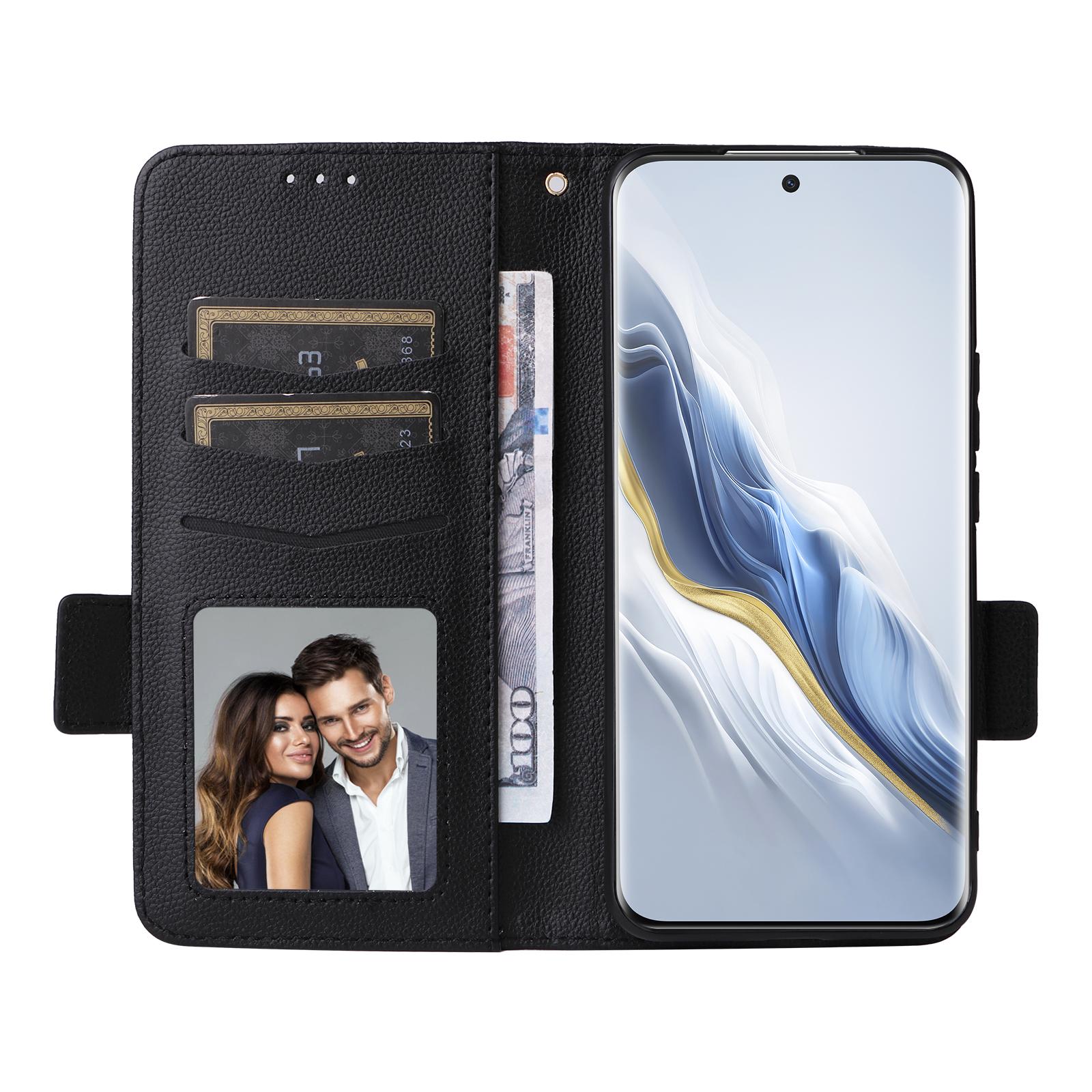 

For Honor Magic6 Pro 5G Case with Wrist Strap Litchi Texture PU Leather Wallet Phone Cover Black