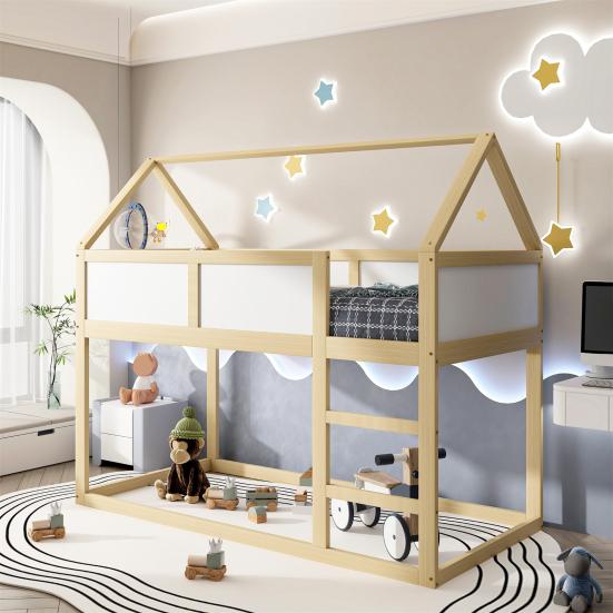 Bunk Children Bed, 90 x 200 cm, Low Bunk Single Bed, Loft Bed with Stairs, Solid Wood Frame, Wood Color