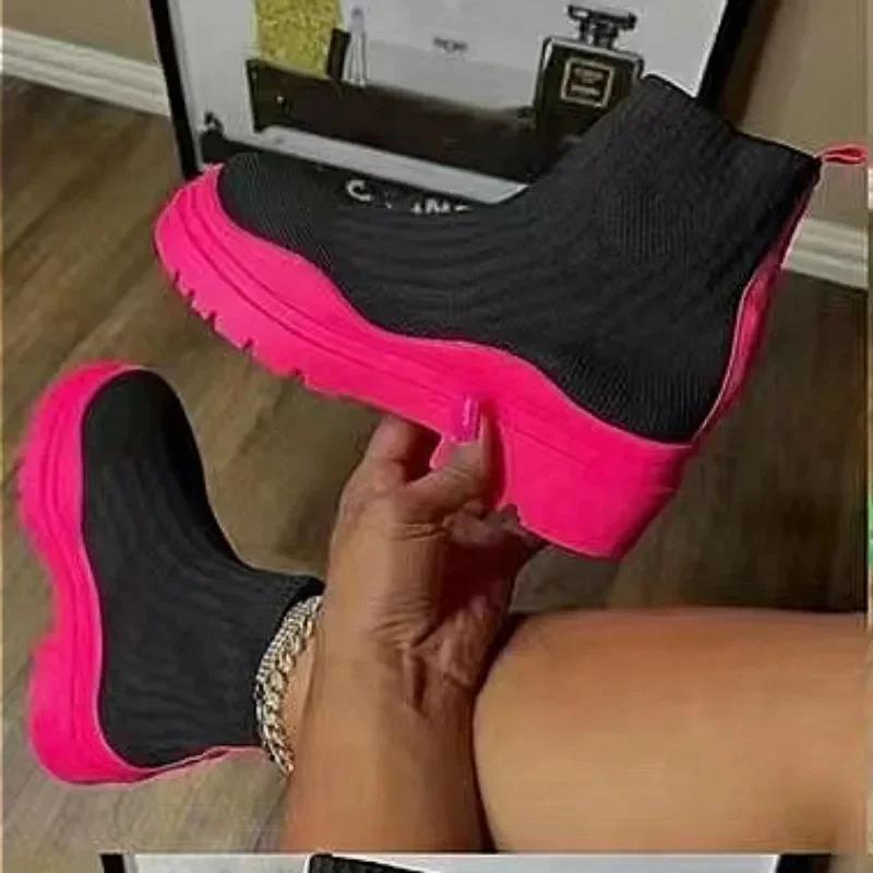 Winter Ankle Boots 2024 New Comfortable Thick-soled Outdoor Walking Snow Boots Casual Slip-on Womens Knitted Elastic Socks Boots