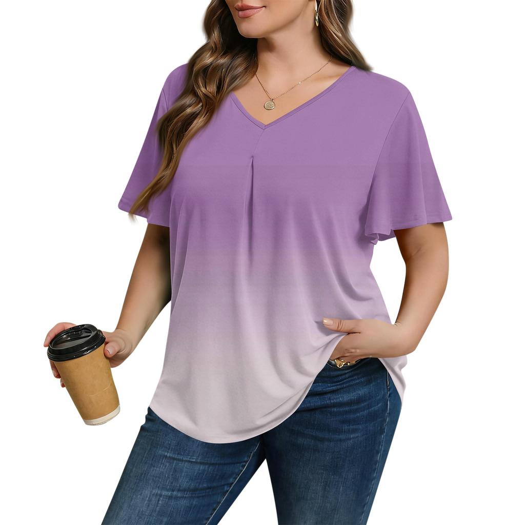 Damska Modna Codzienna Luźna Bluzka Plus Size z Krótkim Rękawem Elegancka z Dekoltem V Do Pracy