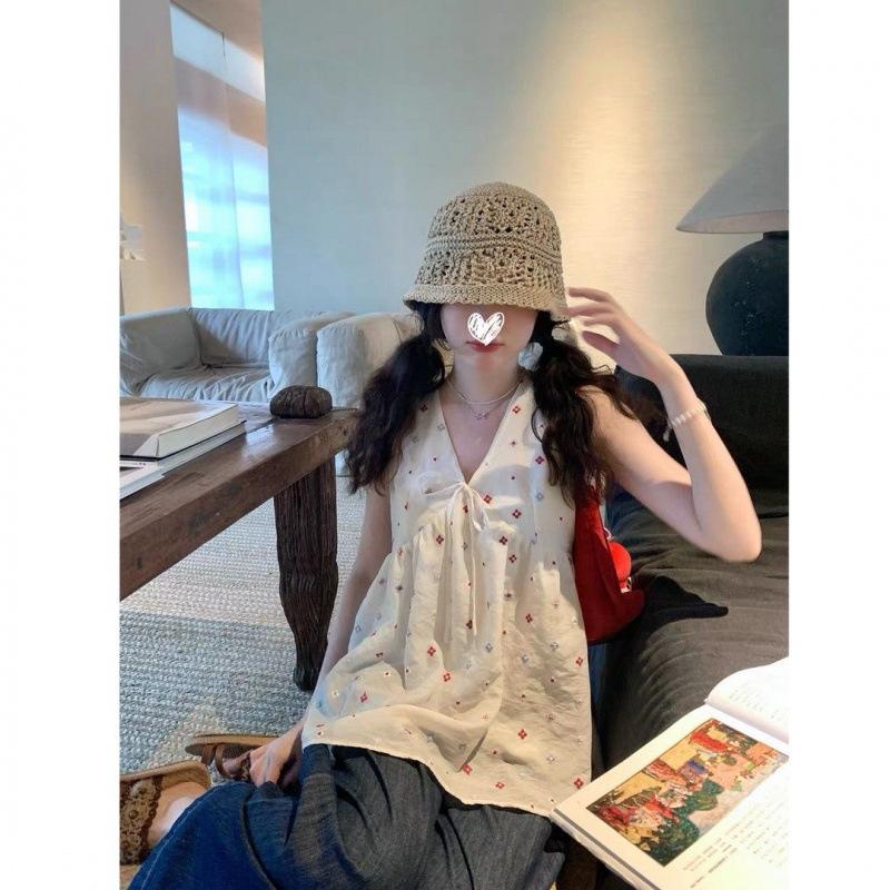 Summer Korean Sweet Princess Style Printed Versatile Design Women's V-Neck Sleeveless Top