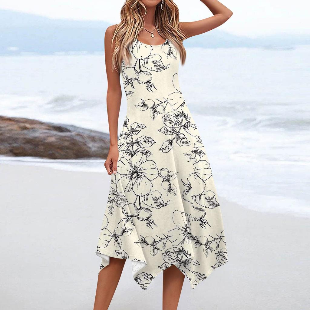 Lässiges, modisches Damen-Midikleid mit Rundhalsausschnitt, ärmellos, Blumendruck, unregelmäßiger Saum