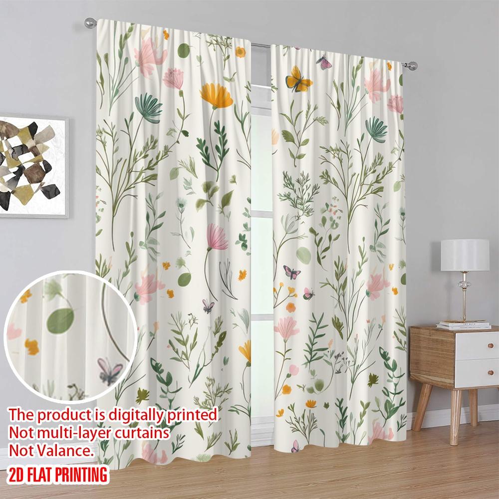 2pcs Window Curtains Garden Plants Flowers Botanical Versatile Durable Polyester,Without Electricity Festive Backdrops Use for