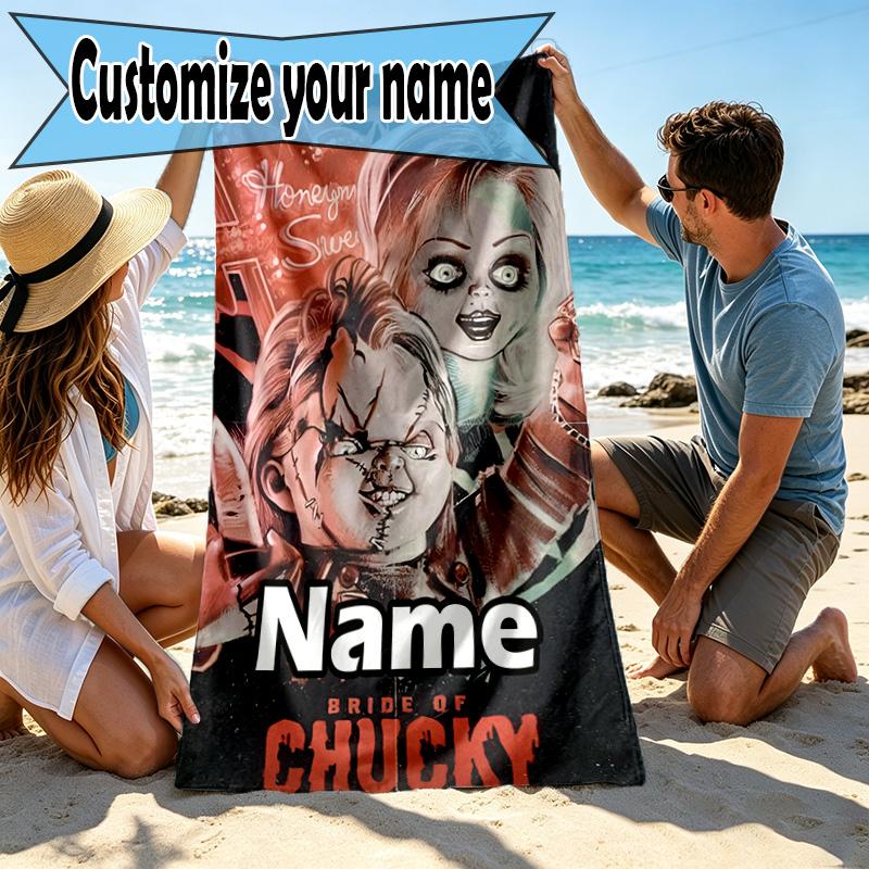 Custom Name Personalized Bride of Chucky Print Beach Towel, for Trip Camping Beach Party Home Decor, Birthday Gift for Family & Friends