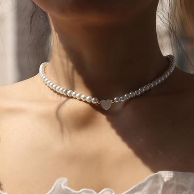 Trendy Shell Heart Imitation Pearls Necklace Women Handmade 6mm Stone Beaded Necklace for Women Jewelry Gift