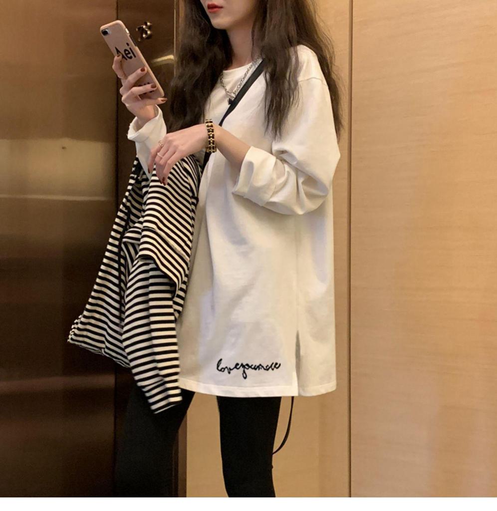 Women's Large European Style White Long-Sleeve T-Shirt - Loose Mid-Length Base Layer for Spring, Autumn, Winter.