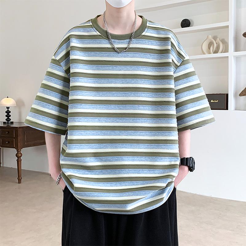 Men Short Sleeve T Shirt Horizontal Stripe Print Loose Fit Casual Crew Neck Streetwear Top M светло-зеленый