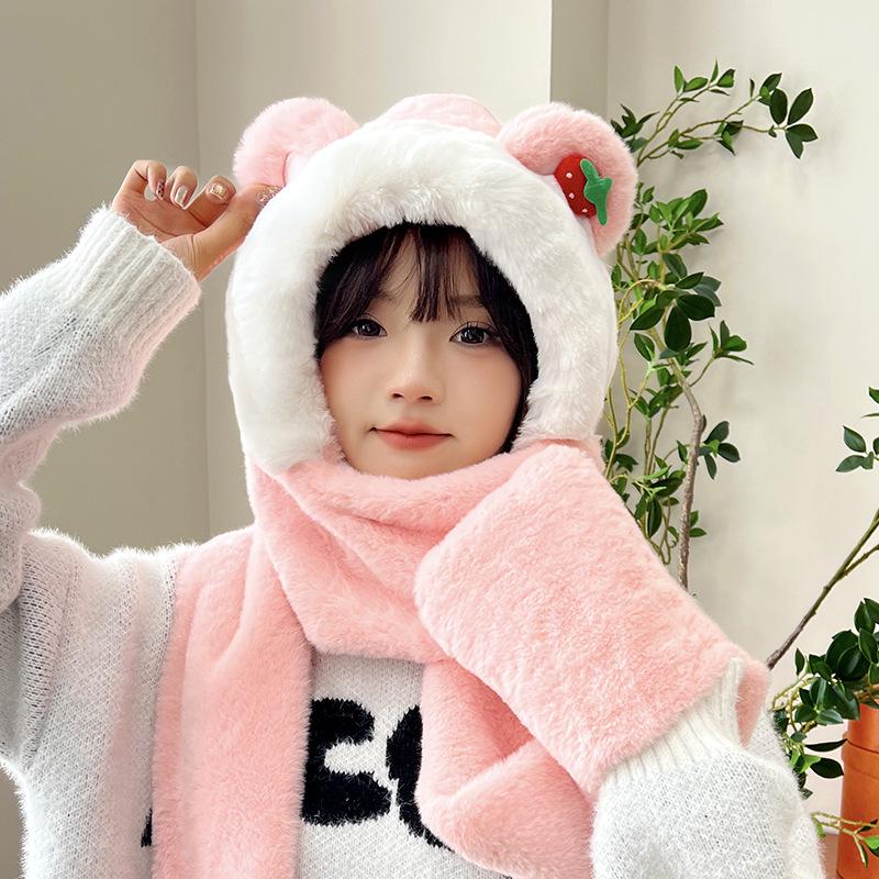 Women's Cozy Fox Ear Plush Hat with Integrated Scarf - Warm, Soft Lei Feng Design for Autumn and Winter. Perfect Ear Protection for Students.