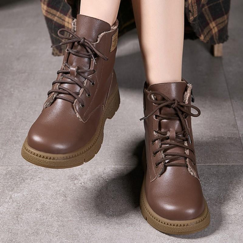 Johnature Moteriški batai iš natūralios odos, medvilniniai batai, iš karvės odos, pliušiniai, šilti, apvaliu priekiu, storapadžiai, aulinukai