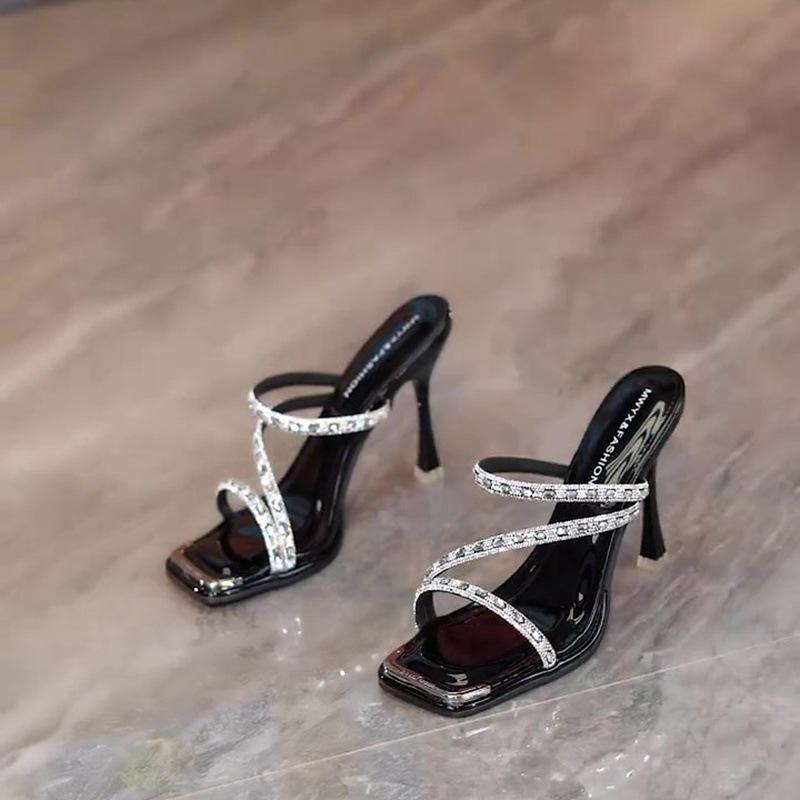 Fashion Hot Selling 2025 Design Style Hollow Out Crystal Diamond Narrow Band Women Slippers Fashion Square Toe Thin Heels Stripper Shoes