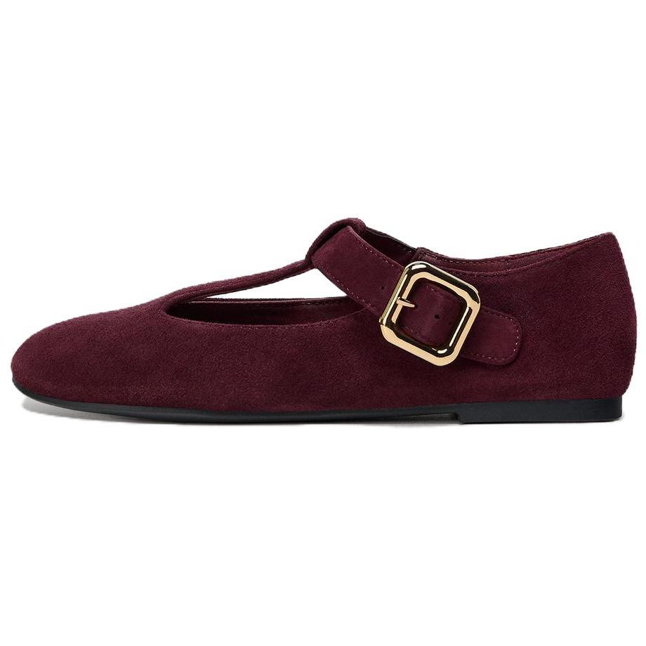 ZARA Suede T Strap Mary Jane Flat Shoes Burgundy Womens 1350451038 37
