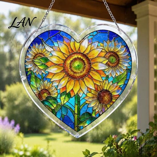 Colorful Pattern Wall Hanging Acrylic Puzzle Suncatcher, Window Pendant, Heart Shape Stained Glass Realistic Effect Style Sun Catcher Decoration,