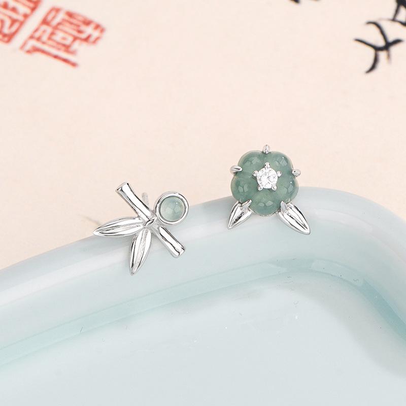 Tichya S925 Sterling Silver Jade Stud Earrings - Bamboo Joint  Plum Blossom Design 925 Silver