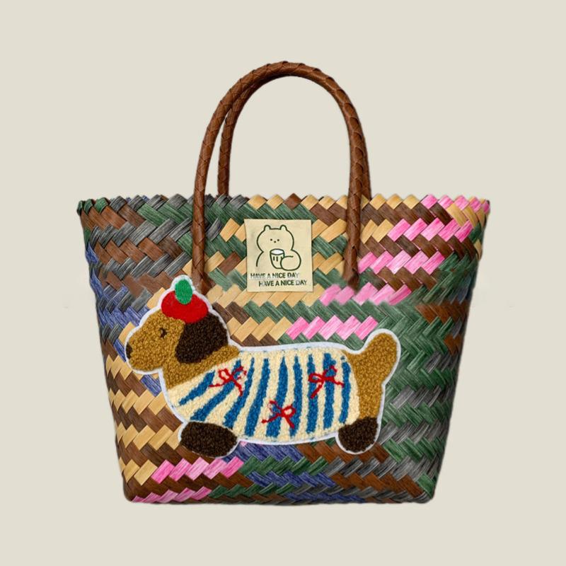 Retro Striped Dachshund Dog Woven Bag Trendy Cute Handbag Large Capacity Tote Bag  Bamboo Handle Vegetable Basket Bag