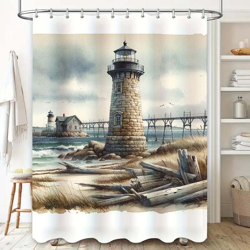 High-quality waterproof shower curtain featuring a lighthouse design for bathroom decor modern style home accessory with durable