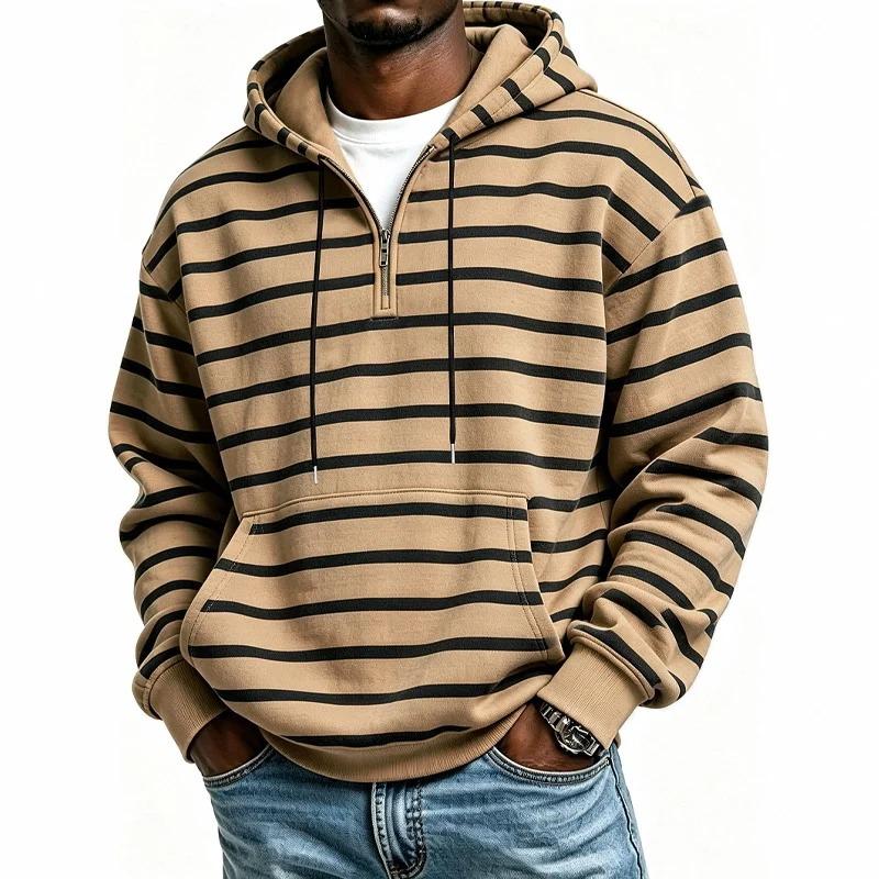 Men S Striped Half Zip Hoodie Long Sleeve Casual Loose Fit Kangaroo Pocket Sweatshirt