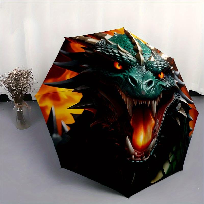1pc Fiery Green Dragon Automatic Opening and Closing Umbrella, Lightweight 3-Fold, With Cute Cartoon Characters, Suitable for Home, Outdoor and D