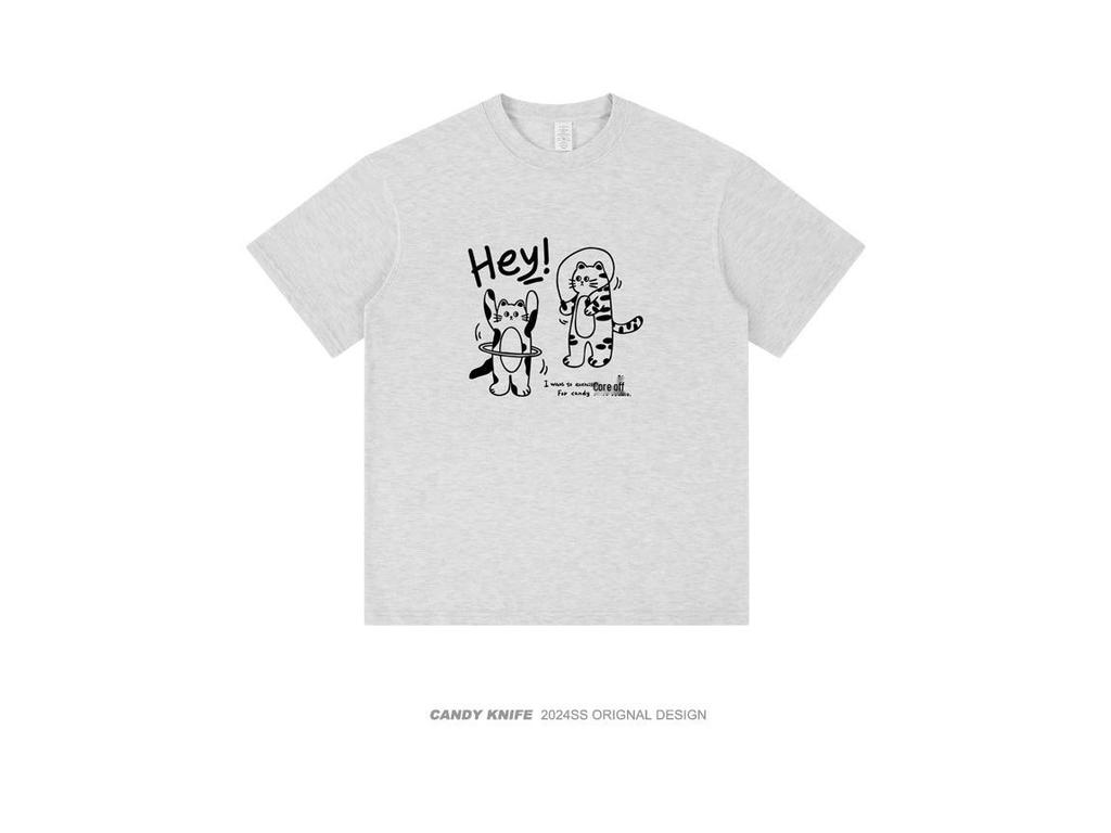 Unisex Summer Trend Cat Print Cotton Tee, Drop Shoulder, Loose Fit