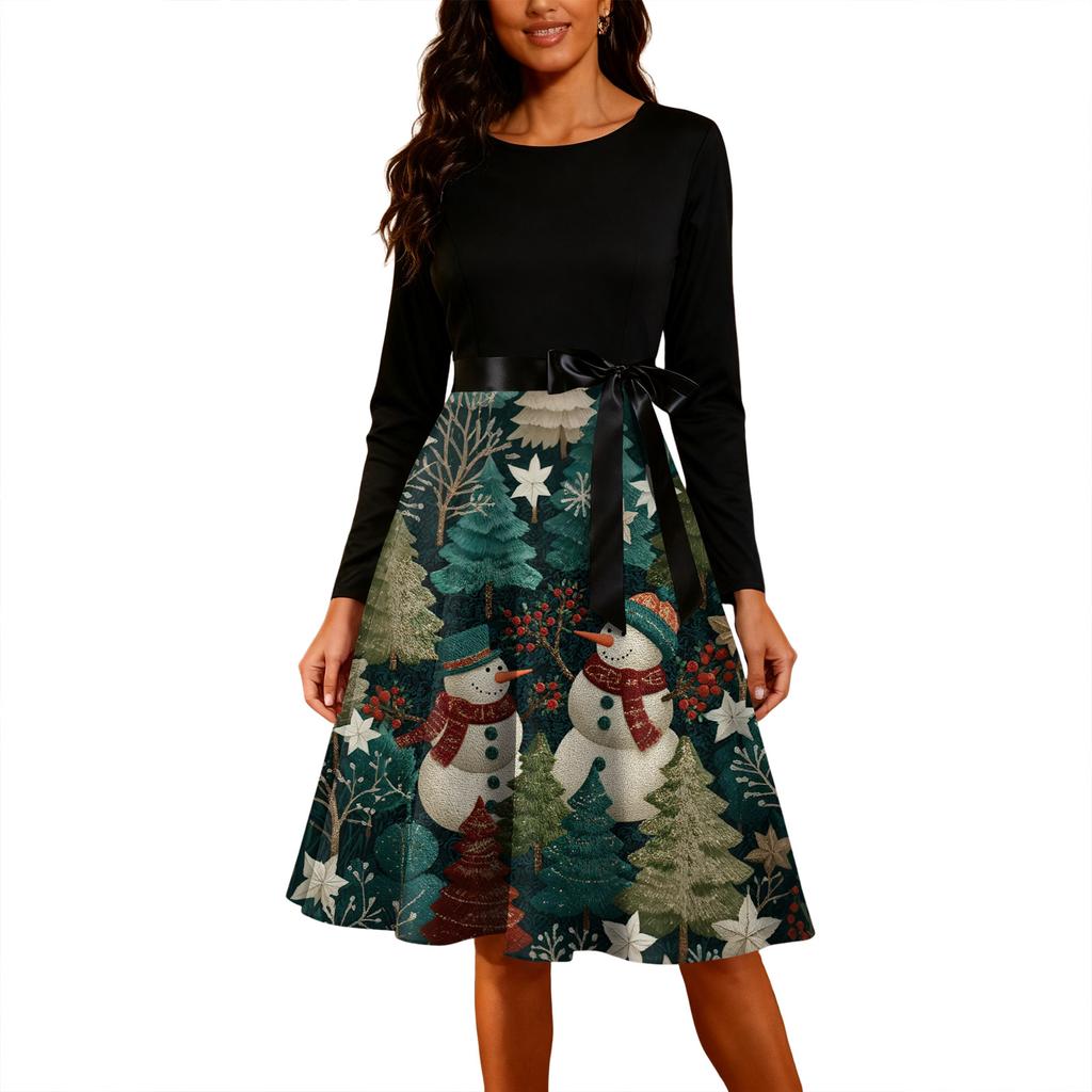 Women's Fashion Round Casual Slim Fit Christmas Print Large Swing Long Sleeve Dress