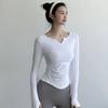 Women's Beige Sports Long Sleeve Top V-neck Side Ruched Stretchy Fitted Yoga Activewear