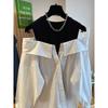 WTEMPO Autumn Off Shoulder Blouses for Women - Slim & Loose Spliced Long Sleeve Tank Top Shirt Round Neck Fashion Casual Tops