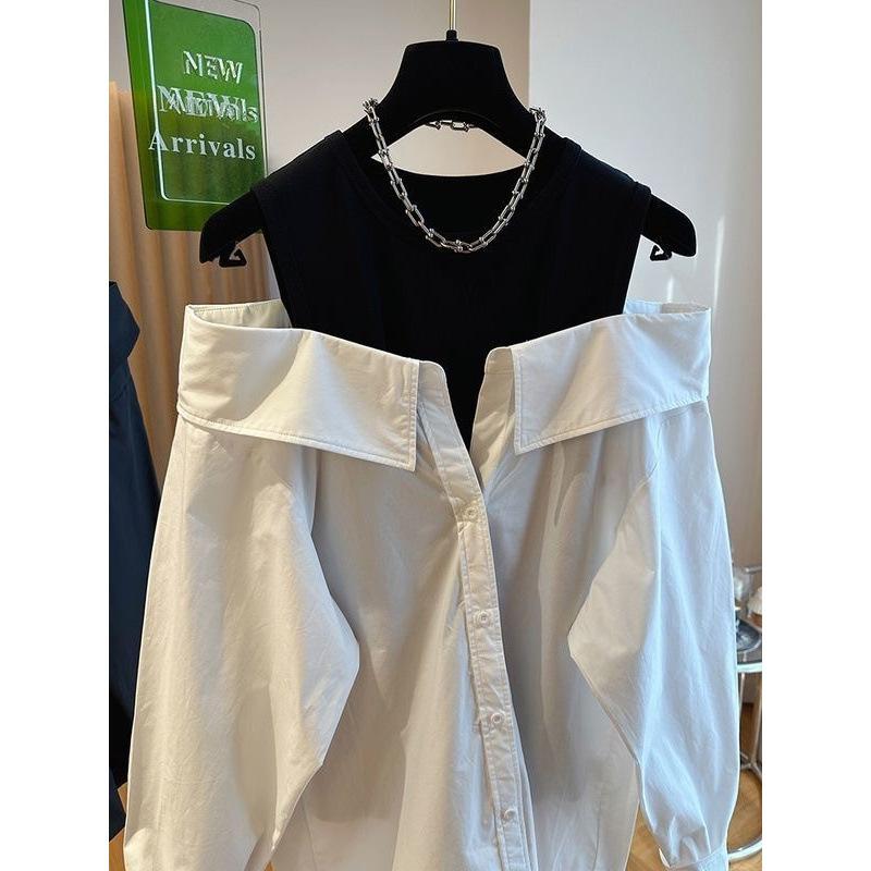 WTEMPO Autumn Off Shoulder Blouses for Women - Slim & Loose Spliced Long Sleeve Tank Top Shirt Round Neck Fashion Casual Tops