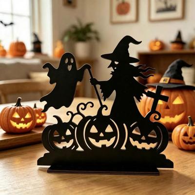 DYS Witch Wooden Table Centerpiece, Spooky Castle Black Cat Standing Tabletop Ornament for Halloween Party, Desk Tiered Tray Decor