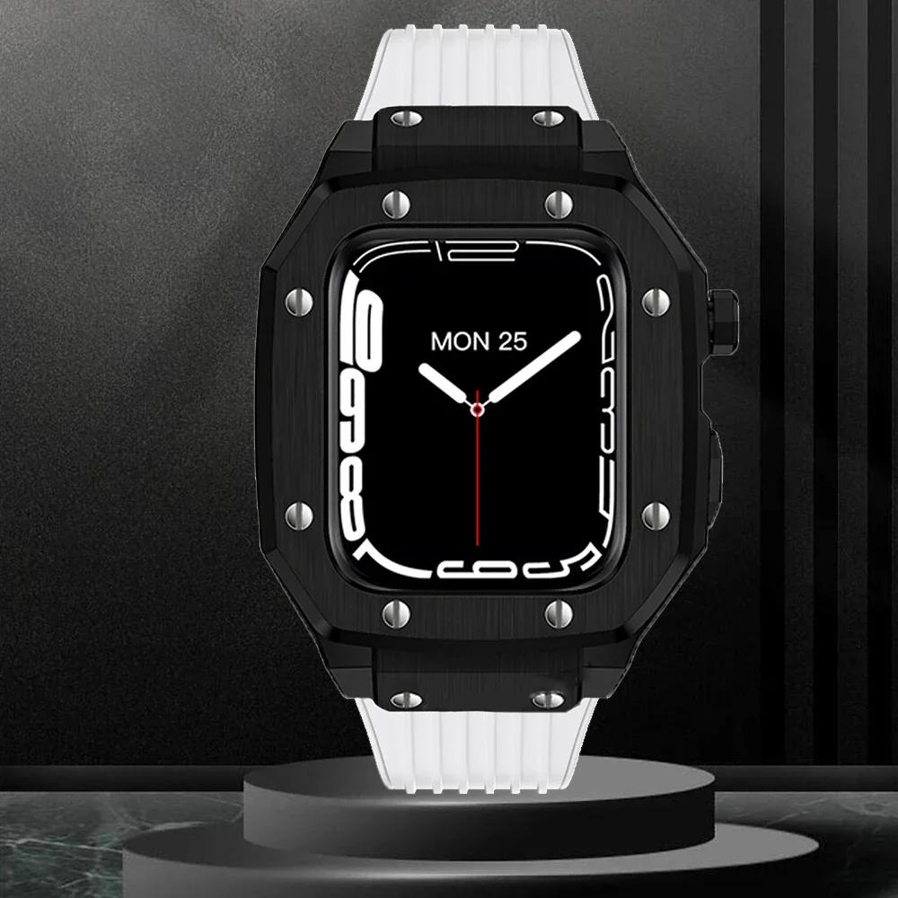Paslanmaz Çelik Kasa+Kauçuk Kayış IWatch 9 45mm 44MM için Silikon Bant Modifikasyon Kiti Apple Watch Serisi 9 6 5 4 SE 8 7 45 için