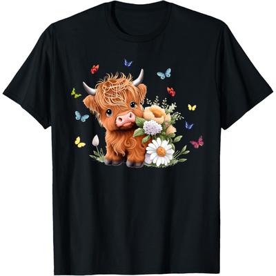 Cute Baby Highland Cow with Flowers Calf Animal Spring T-Shirt