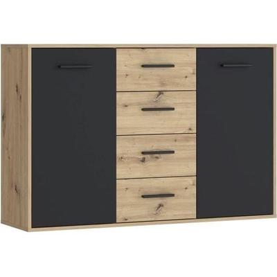Buffet PILVI - Style contemporain - Particules mélaminé - Décor Chêne et noir - 2 portes + 4 tiroirs - L 122,6 x P 34,2 x H 81,7 cm