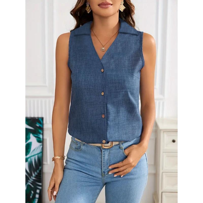 Summer Sleeveless V-neck Vest Shirt Women Casual Loose Blouse Large Office Chiffon Shirts Elegant Button-up Tops Solid Color Simple Fashion Clothing