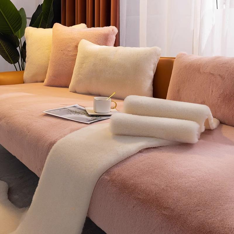 Rabbit Plush Sofa Cushion Winter Light Luxury Modern Simple Non-Slip High-End Thickening Cushion Leather Sofa Cover Cover Cloth