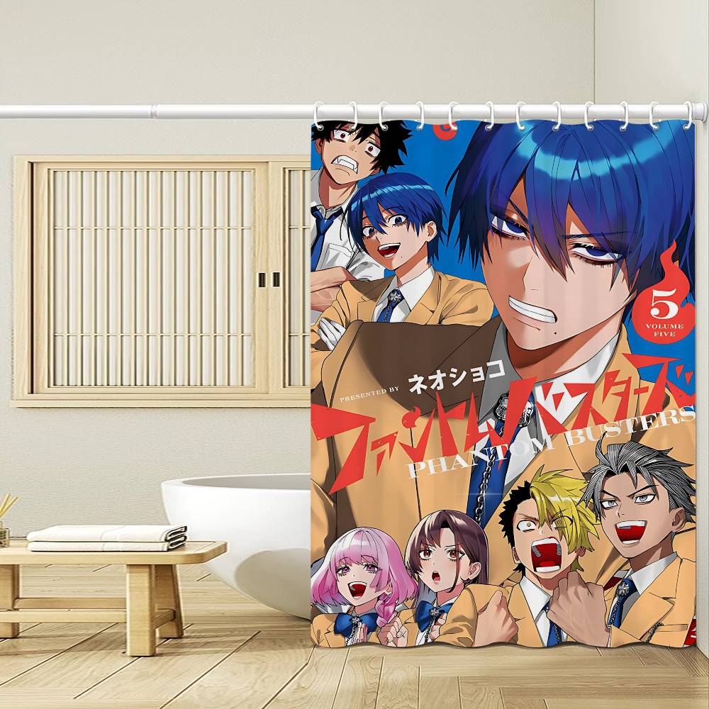 Japanese Anime P-Phantom B-Busters 1Pc Printed Shower Curtain Waterproof Washable With 12 Hooks Bathroom Shower Home Use