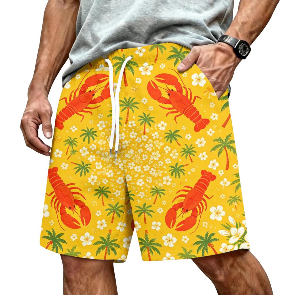 Men's Hawaiian Print Mesh Shorts with Drawstring Elastic Waist for Summer Beach