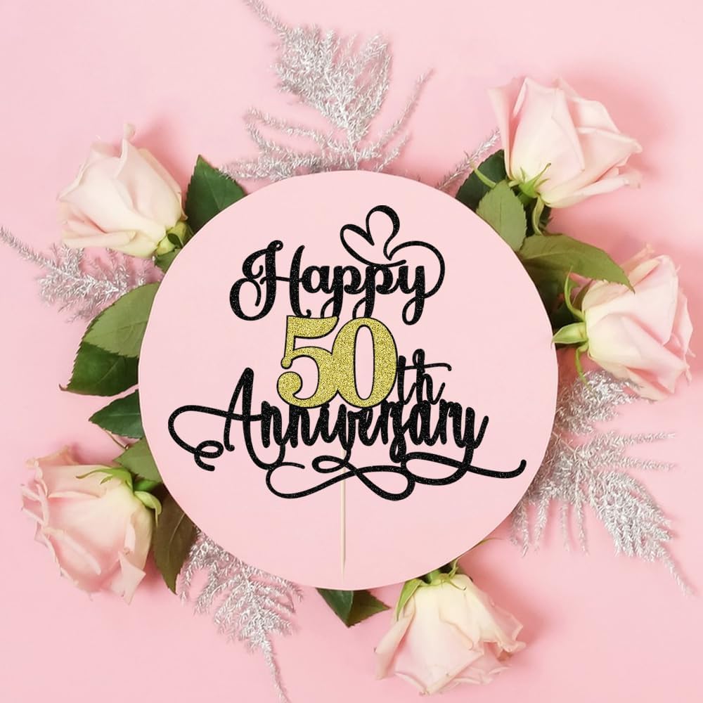 Black Gold Happy 50th Anniversary Cake Toppers- 50 Wedding Anniversary Party Decoration Ideas,Birthday Cake Decorations,50th Anniversary