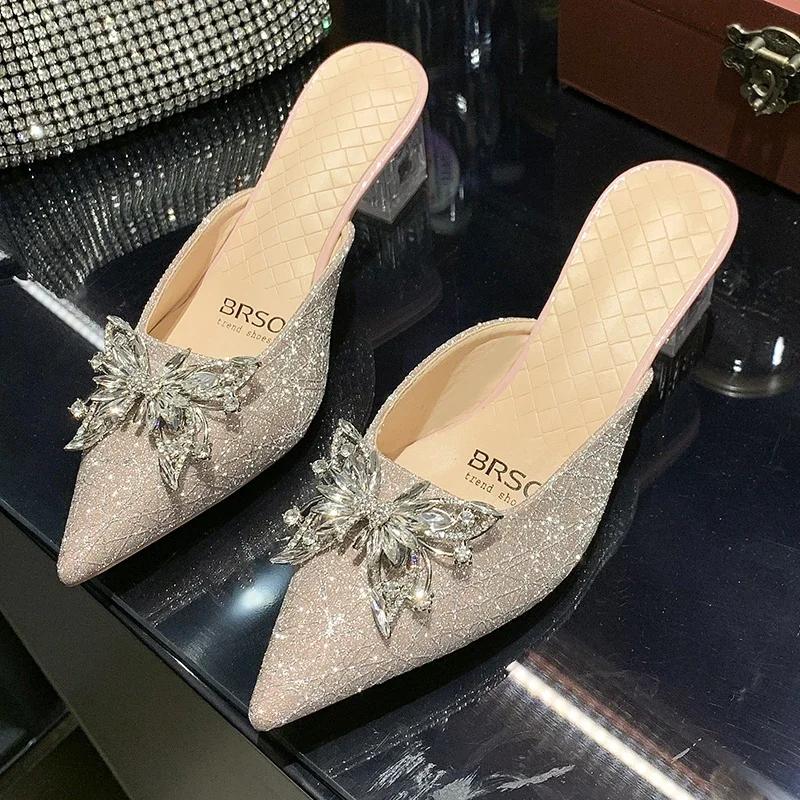 Fashion Women's Luxury Closed Toe Slip on Slipper Mules 2025 Summer Designer Brand Pointed Toe Bow Knot High Heels Shoes Sandals Slides
