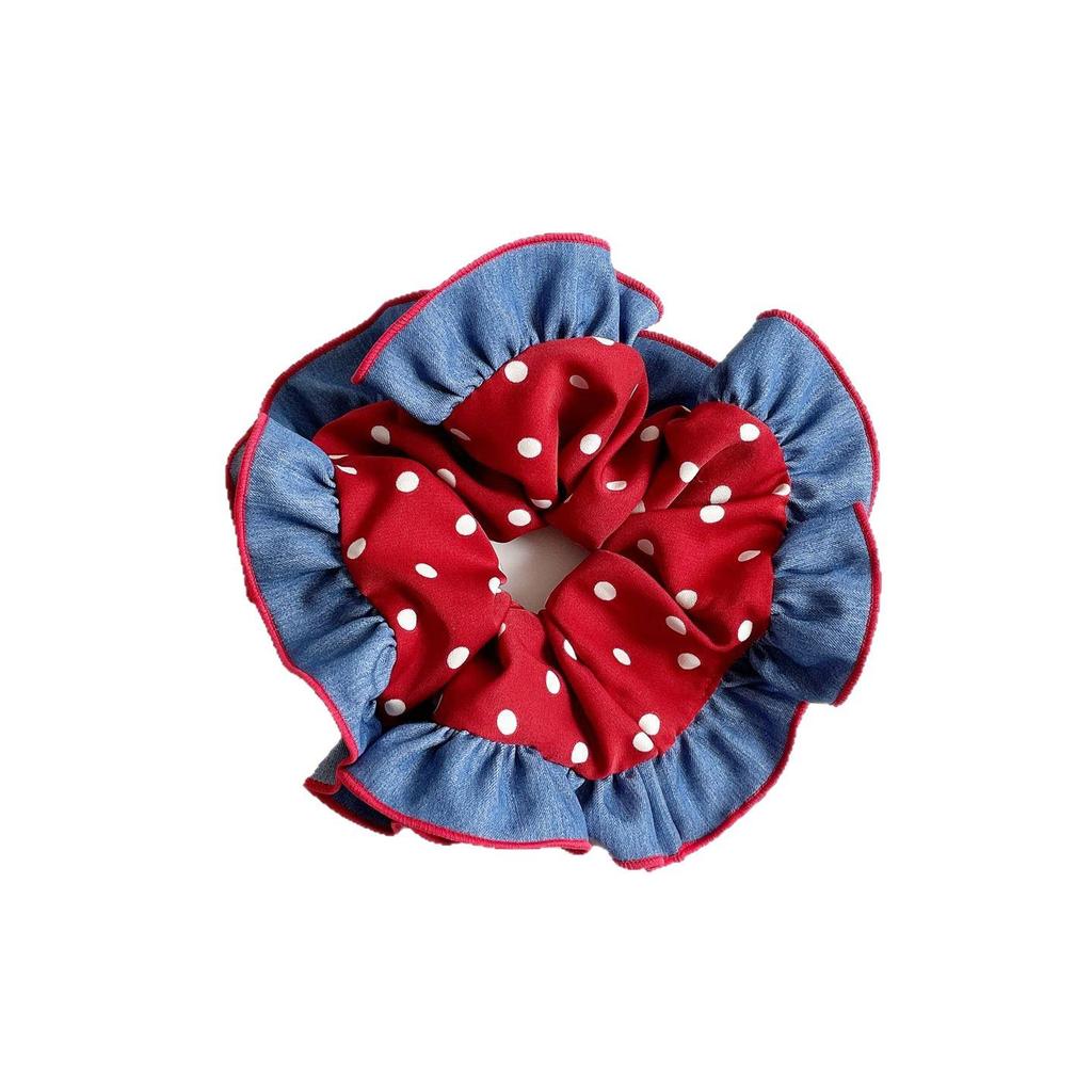 Korean Style Double-Layer Polka Dot Denim Scrunchie Hair Tie