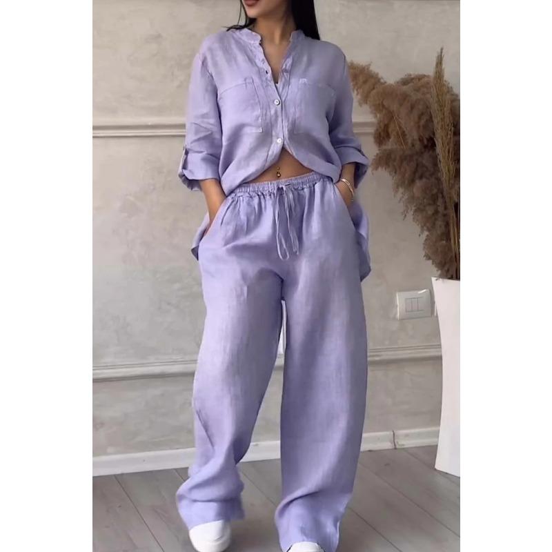 Koszula jednorzędowa damska w jednolitym kolorze, na wiosnę i jesień, z długim rękawem, szerokimi nogawkami, ze sznurowanymi spodniami