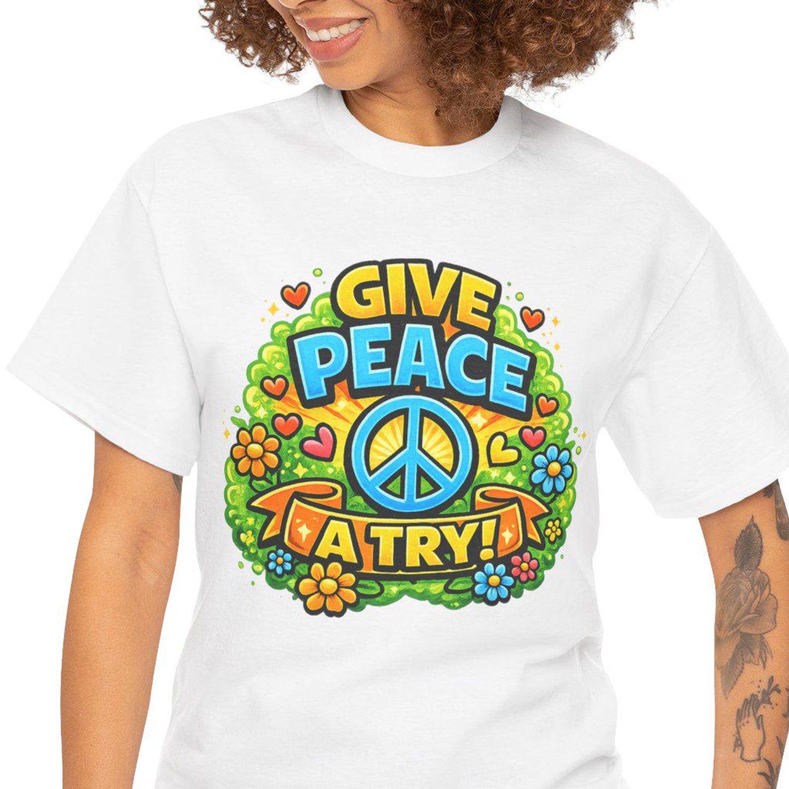 Give Peace a Try peace sign tee | retro flowers hippie slogan shirt M