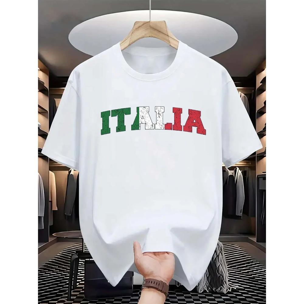 Summer Men's 100% Pure Cotton Fashionable Casual Loose Italian Letter Printed Sporty Round-neck Short-sleeved T-shirt Top