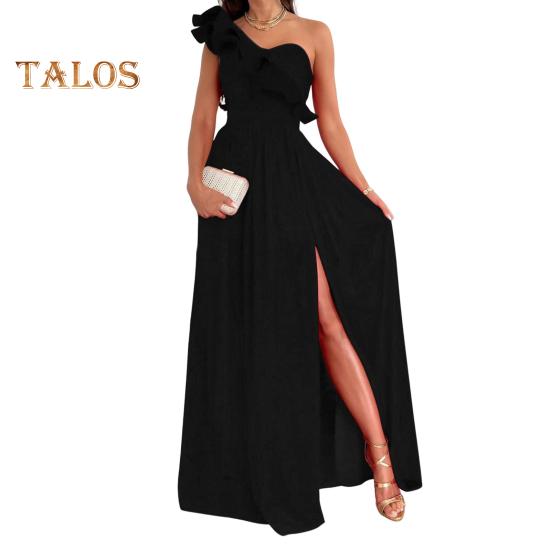 Dámské večerní šaty nařasené na jednom rameni plisované s vysokým pasem jednobarevné bez rukávů střih do A s velkým lemem Prom Cocktail Party Maxi společenské společenské šaty