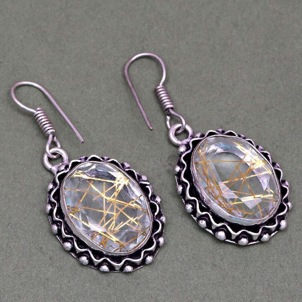 Rutile  Golden Set Earring Jewelry 18-20'' Pendant Quartz Sterling