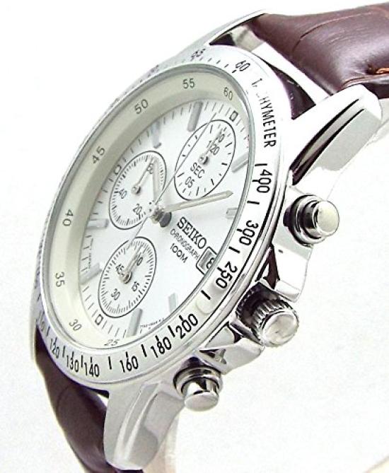 Seiko Chronograph Watch with Genuine Leather White and Deep Officially Distributed In Japan Strap, Brown, SND363P1-DB