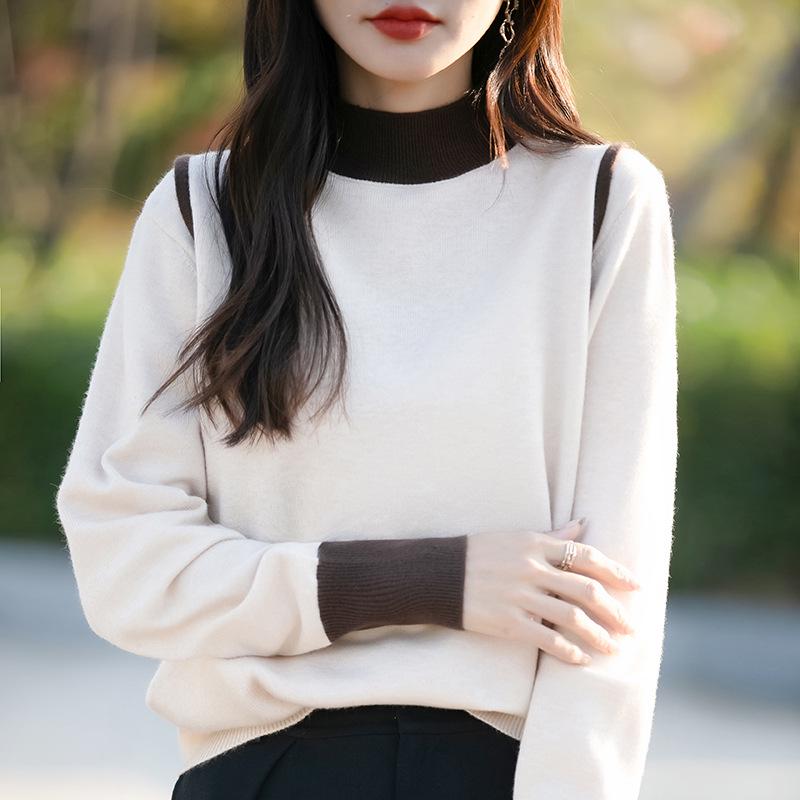 

Европейский лоскутный трикотажный свитер с полувысоким воротом - Приталенный, с длинным рукавом для осени и зимы Large