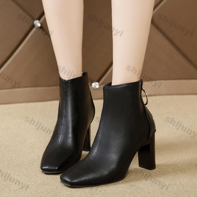 Thick Heel Black Short Leather Boots for Women New Autumn Winter High-heeled Women Square Toe Thick Heel Back Zipper Single Boot