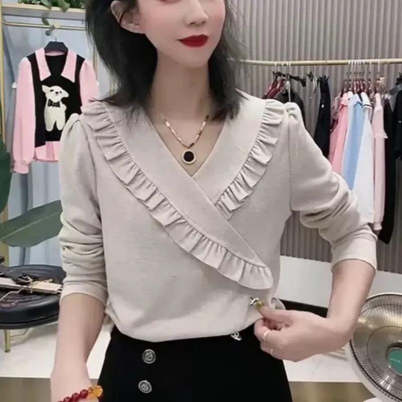 French V-neck Ruffle Design Long-sleeved T-shirt for Women Spring and Autumn New Fashion Irregular High-end Top