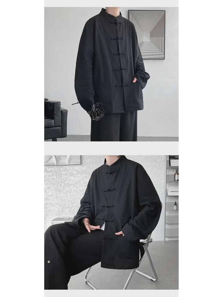 Herren Langarm Leinen Chinesische geknöpfte Hanfu Tang Jacke, Übergröße