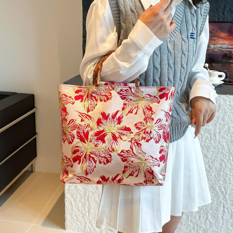 Vintage Green Bottom Dark Red Jacquard Canvas Large Capacity Bags, Women's Handbag, Portable Storage Zipper Closure